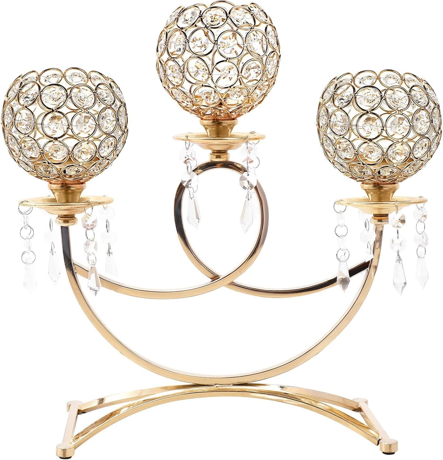 Crystal Candle Holders Gold 3 Arms Bling Tea Lights Candle Holders for Table Centerpiece Candelabra Dining Table Centerpiece Decorations for Dining Room Gold Table Decor (Gold-14 Tall)