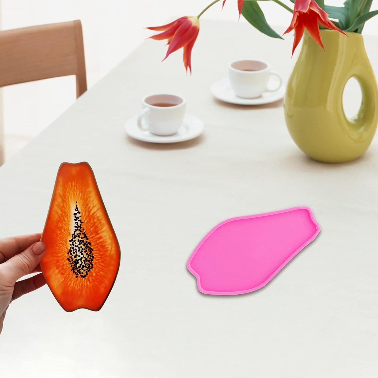 Super Shiny Papaya Geode Coaster Agate Resin Silicone Molds Epoxy Fruit Style Resin Mold, Tray Resin Casting Mold for DIY Agate Coaster, Cup Mats, Bowl Mat, Home Decoration, 6.7*3.7 Inch