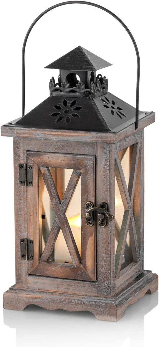 Farmhouse Lanterns Home Decor Decorative Wood Lantern for Wedding Centerpieces Vintage Brown Candle Lantern for Patio Fireplace Mantel Table Decoration